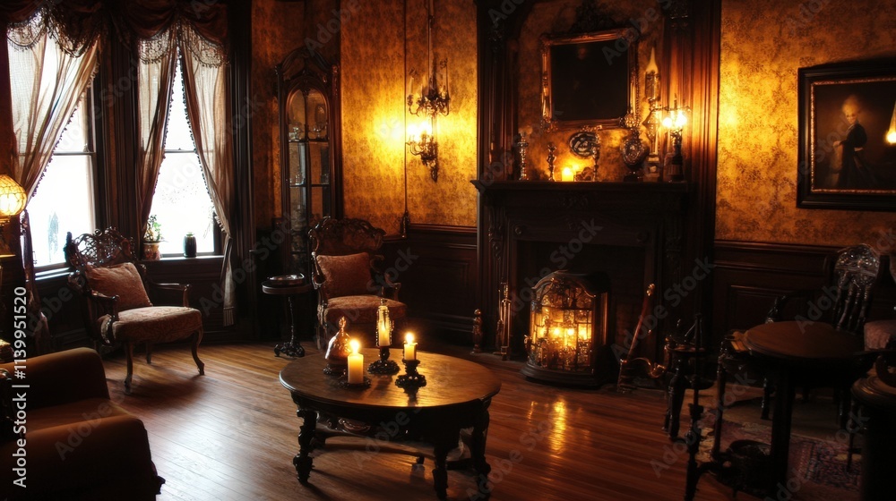 Obraz premium Victorian Era Parlor Illuminated by Candlelight and Lamps