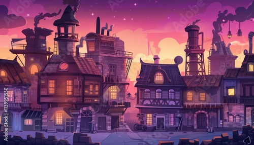 Steampunkc cityscape. Steampunk town, Vintage city with towering struckture. Urban fantasy landscape. Background illustration.