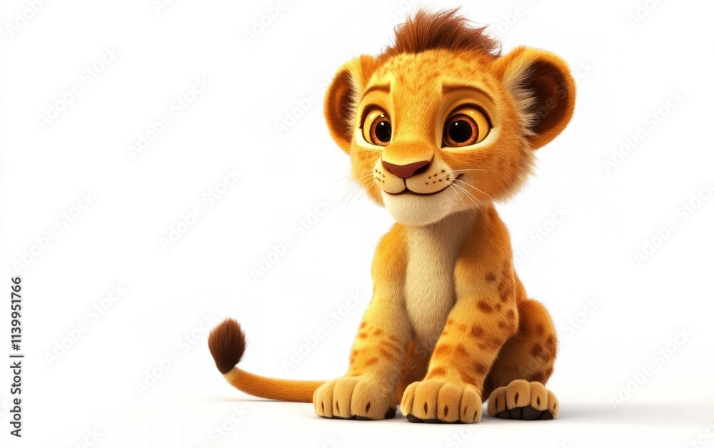 Naklejka premium A 3D lion cub sitting with playful features, oversized expressive eyes, and a fluffy tail on a bright white background