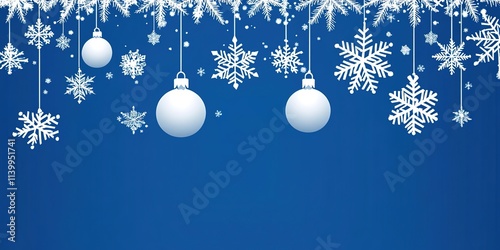 Stylish Christmas background with hanging snowflakes and ornaments on a blue background. 
