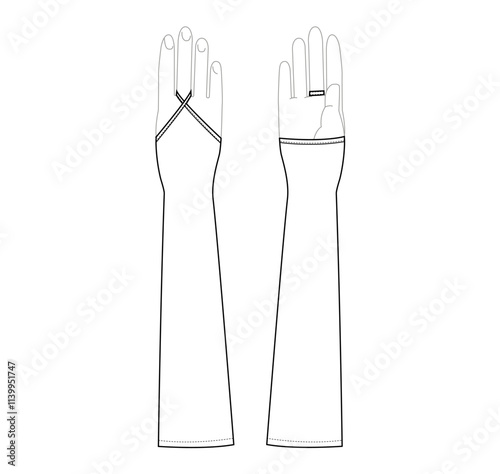 Mitaine Bridal Gauntlets Gloves Elbow length Fashion hand accessory clothing technical illustration garment. Vector front back view for Men, women, unisex style flat template CAD mockup sketch outline photo