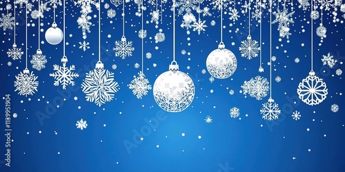 Stylish Christmas background with hanging snowflakes and ornaments on a blue background. 