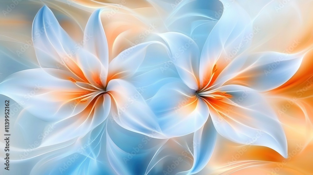Abstract art background with two lilies in light blue and orange colors Abstract art background with two lilies in light blue and orange colors