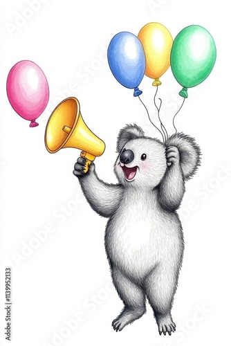 Happy koala holding megaphone with balloons. photo