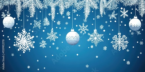 Stylish Christmas background with hanging snowflakes and ornaments on a blue background. 