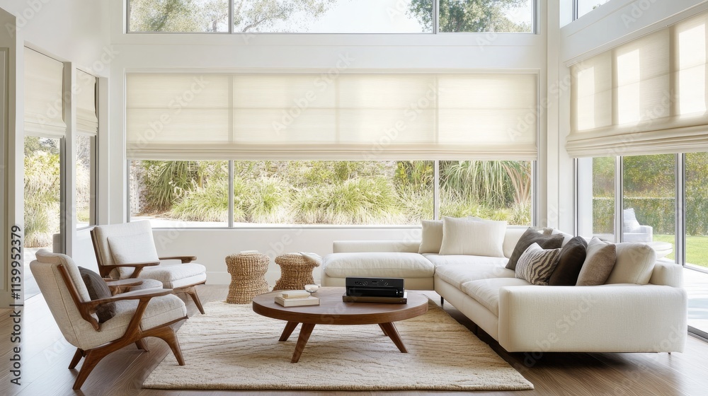 Fototapeta premium Modern Living Room With Large Windows And Neutral Decor
