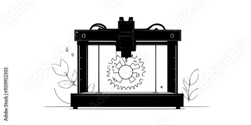 A 3D printer fabricating a functional gear for mechanical applications, Vector Graphic