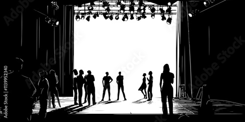 A backstage scene with performers preparing for their roles in a show, Vector Graphic