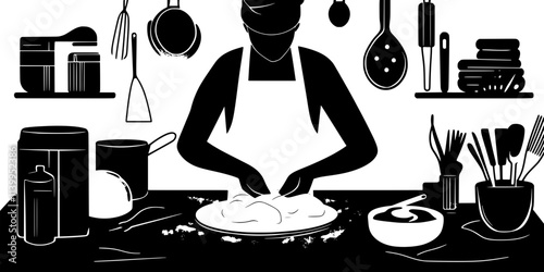 Baker kneading dough on a floured surface surrounded by baking utensils, Vector Graphic