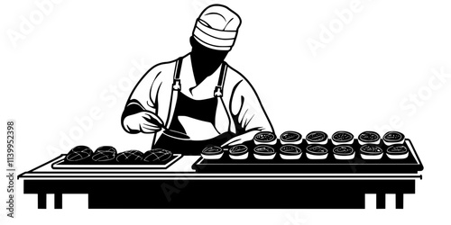 Baker preparing a tray of pastries before placing them in the oven, Vector Graphic