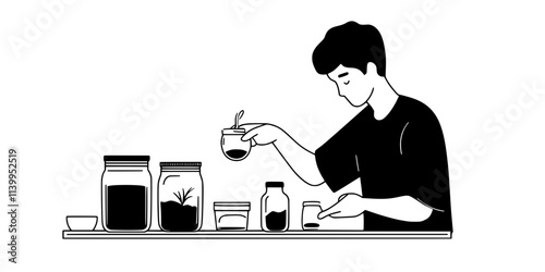 A chef preparing jars for fermenting ingredients using salt and water, Vector Graphic