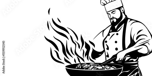A chef tossing ingredients in a pan while stir-frying over a flame, Vector Graphic