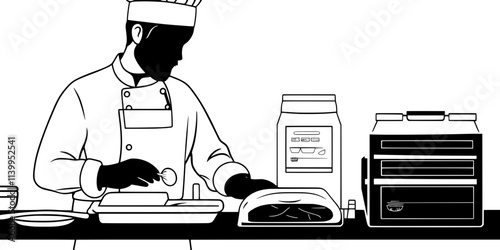 A chef preparing food for sous vide by vacuum sealing ingredients in bags, Vector Graphic