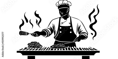 A chef turning food on a grill for even cooking, Vector Graphic