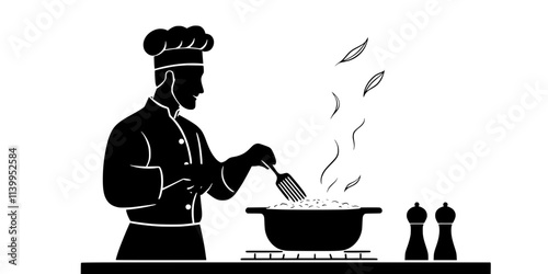 A chef stirring a pot of risotto with broth on a stove, Vector Graphic