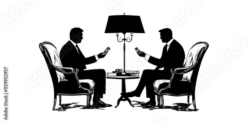 A dealer presenting a rare stamp to a collector during an indoor auction event, Vector Graphic
