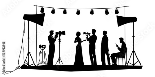 A director coaching actors on stage while they perform a dramatic scene, Vector Graphic