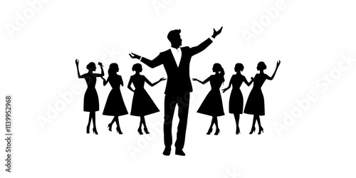 A director guiding actors in a musical theater workshop for aspiring performers, Vector Graphic