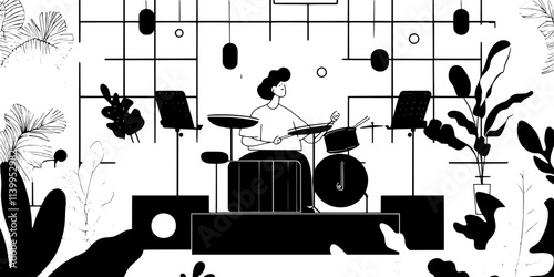 Drummer performing complex rhythms during a music competition, Vector Graphic