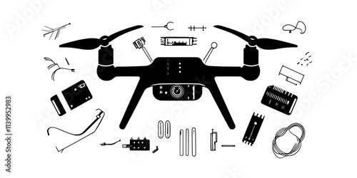 DIY drone with custom electronics being prepared for flight testing, Vector Graphic