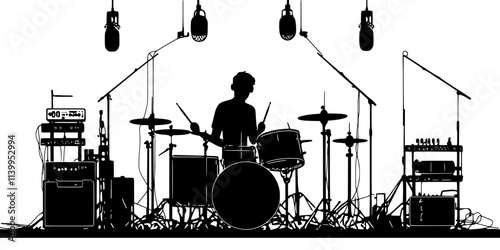 Drummer recording beats in a professional studio with microphones, Vector Graphic