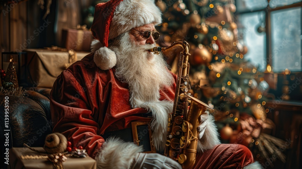 Santa Claus playing saxophone by a Christmas tree with gifts. Santa Claus playing saxophone by a Christmas tree with gifts.