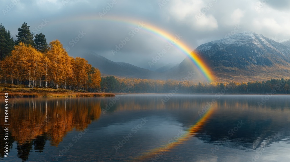 Majestic rainbow arches over serene lake amidst vibrant autumn foliage at dawn in the mountains Majestic rainbow arches over serene lake amidst vibrant autumn foliage at dawn in the mountains