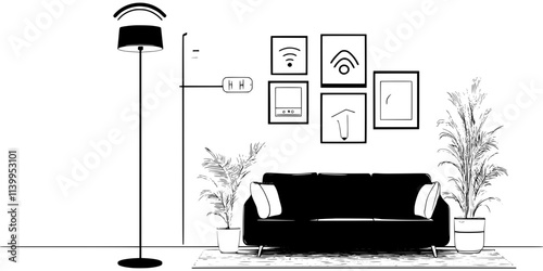 A floor lamp connected to a smart lighting system in a living room setting, Vector Graphic