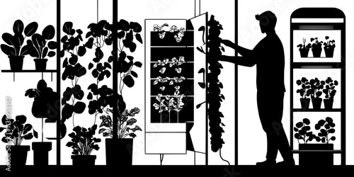 Gardener harvesting leafy greens from a hydroponic setup inside an indoor garden space, Vector Graphic