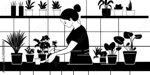 A gardener transplanting small indoor plants into new pots on a kitchen counter, Vector Graphic