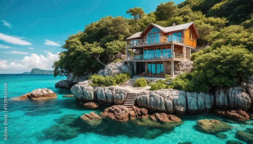 Stunning view of a cozy beach house on the rocks Stunning view of a cozy beach house on the rocks