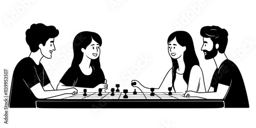 A group of people collaborating to complete game objectives by moving pieces across the board, Vector Graphic