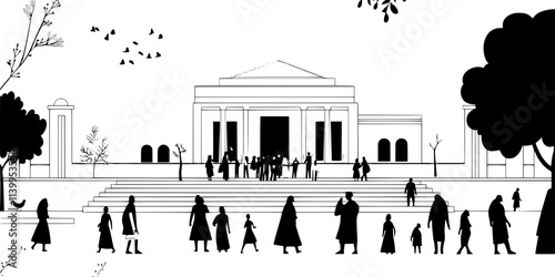 Group of pilgrims entering a large temple after a long journey for worship, Vector Graphic