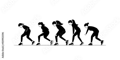 Group performing burpees, jumping from standing into a plank and back, Vector Graphic