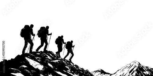 Group trekking uphill along a rocky trail to a higher elevation, Vector Graphic