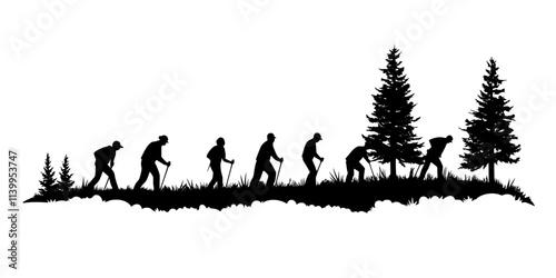 A group working together on maintaining hiking trails as part of a conservation initiative, Vector Graphic