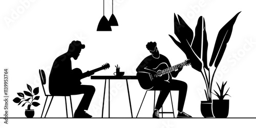 A guitarist participating in a workshop, learning advanced techniques from an instructor, Vector Graphic