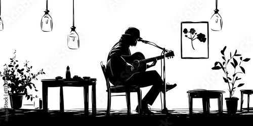 A guitarist performing a melody in a small venue for an intimate audience, Vector Graphic