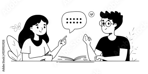 A language learner and a native speaker discussing vocabulary during an exchange, Vector Graphic