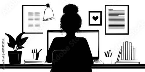 A learner scanning a language lesson text on a laptop screen, Vector Graphic