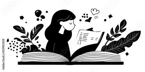 A learner reading short sentences aloud from a language workbook, Vector Graphic