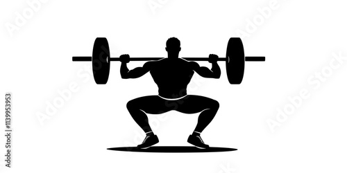 Lifter squatting with a barbell across their shoulders, lowering their hips toward the ground, Vector Graphic