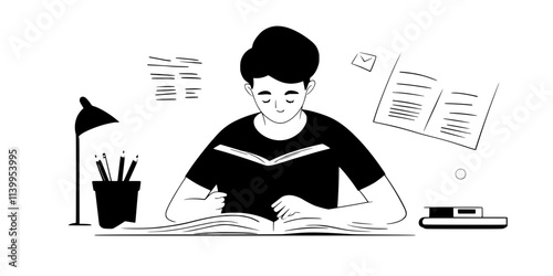 A learner reading a bilingual article during language study, Vector Graphic