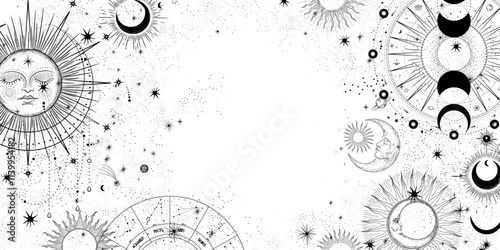 Vector illustration set of moon phases. Different stages of moonlight activity in vintage engraving style. Zodiac Signs	