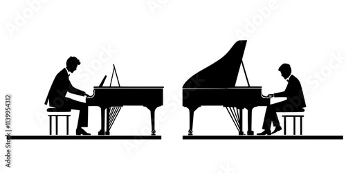 Performer playing a duet on two pianos at a music festival competition, Vector Graphic