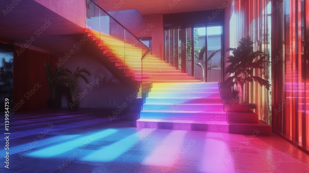 Rainbow Lit Staircase In Modern Home Interior Rainbow Lit Staircase In Modern Home Interior