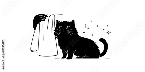 Person drying a wet cat with a towel, gently patting the fur to prevent discomfort, Vector Graphic