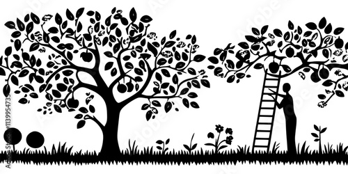 Person harvesting apples from a ladder while standing under a fruit tree, Vector Graphic