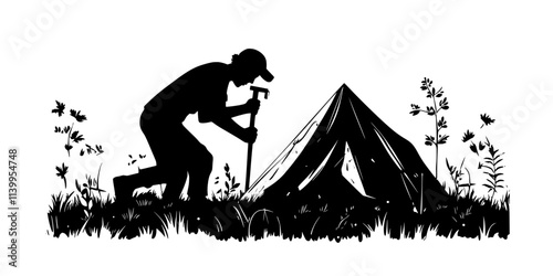 A person hammering stakes into the ground while setting up a tent, Vector Graphic