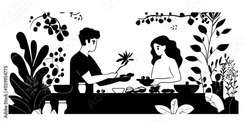 Person helping their host family cook a traditional meal during a homestay, involved in kitchen activities, Vector Graphic